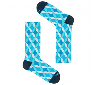 Colorful Piłsudskiego 4m2 socks with blue geometric patterns. Takapara
