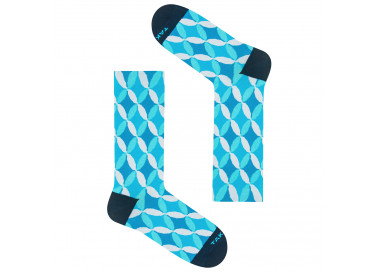 Colorful Piłsudskiego 4m2 socks with blue geometric patterns. Takapara