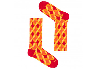 Colorful Piłsudskiego 4m4 socks with orange, red geometric patterns. Takapara