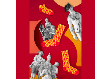 Collage. Colorful Piłsudskiego 4m4 socks with orange, red geometric patterns. Takapara