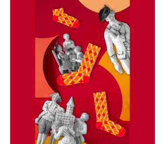 Collage. Colorful Piłsudskiego 4m4 sneaker socks with orange, red geometric patterns. Takapara
