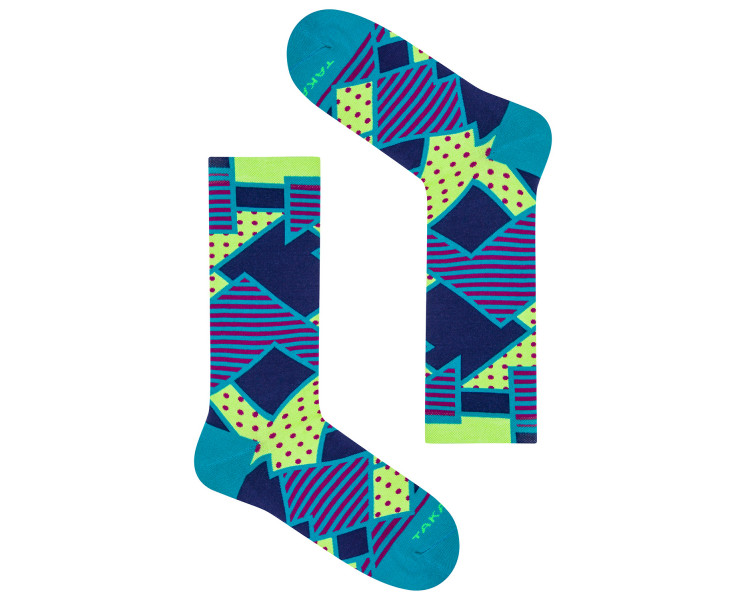 Colorful abstraction of Piotrkowska 5m8 socks in navy blue and lime colors. Takapara