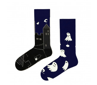 Haunted Castle and Flying Ghosts on Navy Socks by Takapara