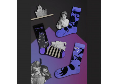 Night Cats Socks by Takapara - Black and Purple socks with Cat Patterns