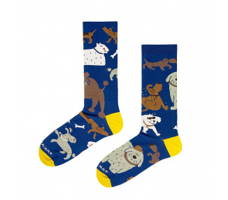 Cheerful Puppies - Navy blue mix and match socks from Takapara featuring different dog breeds