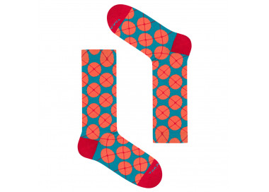 Colorful socks Wólczańska 7m1 with orange polka dots on a blue background. Takapara