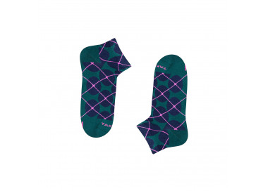 Colorful sneaker socks Wólczańska 7m2 with navy blue polka dots on a dark green background. Takapara